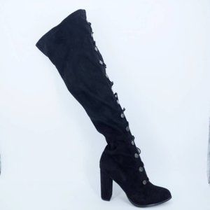 Lane Bryant Womens Boots Black Block Heels Over Knee Button Almond Toe‎ Zip 10 W